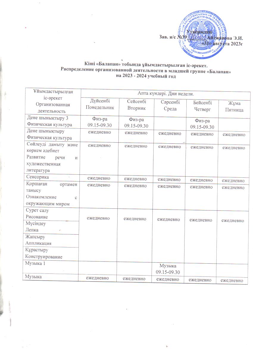 Кіші «Балапан» тобында ұйымдастырылған іс-әрекет. Распределение организованной деятельности в младшей группе «Балапан» на 2023 - 2024