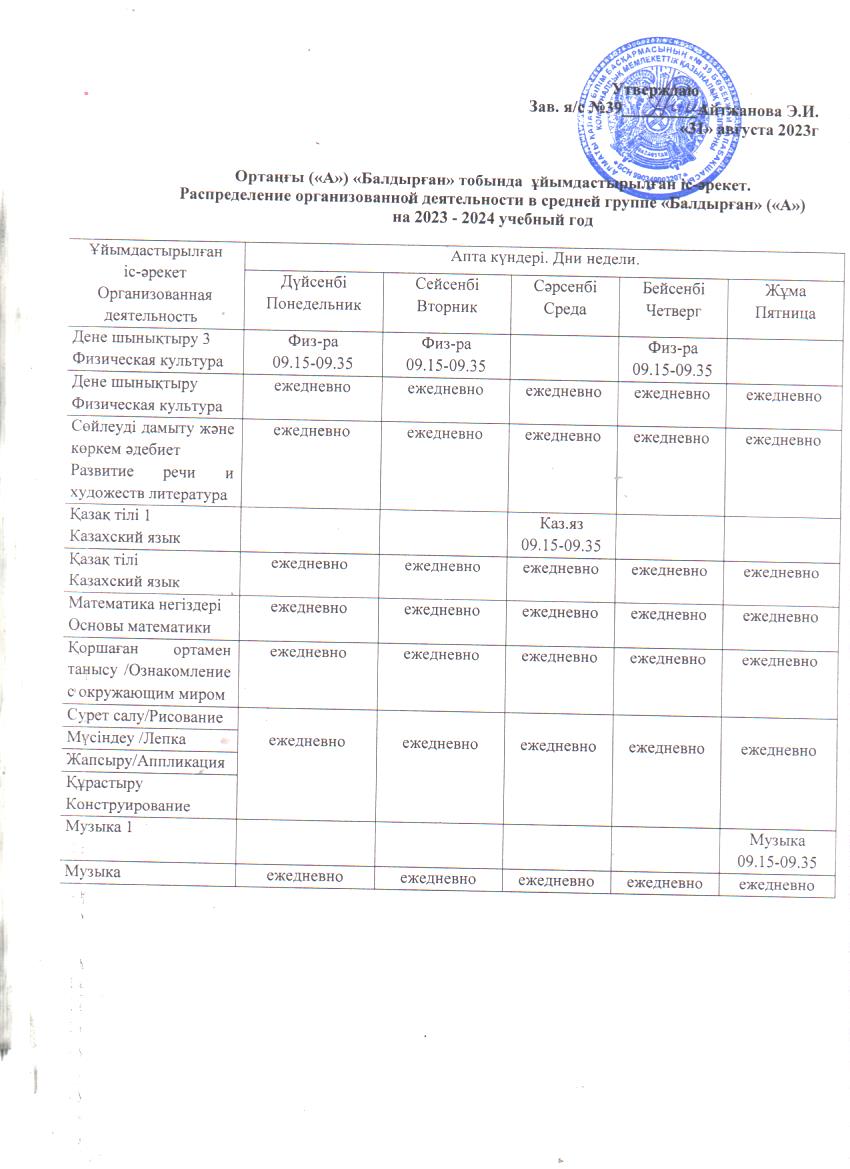 Ортаңғы («А») «Балдырған» тобында  ұйымдастырылған іс-әрекет. Распределение организованной деятельности в средней группе «Балдырған» («А») на 2023 - 2024