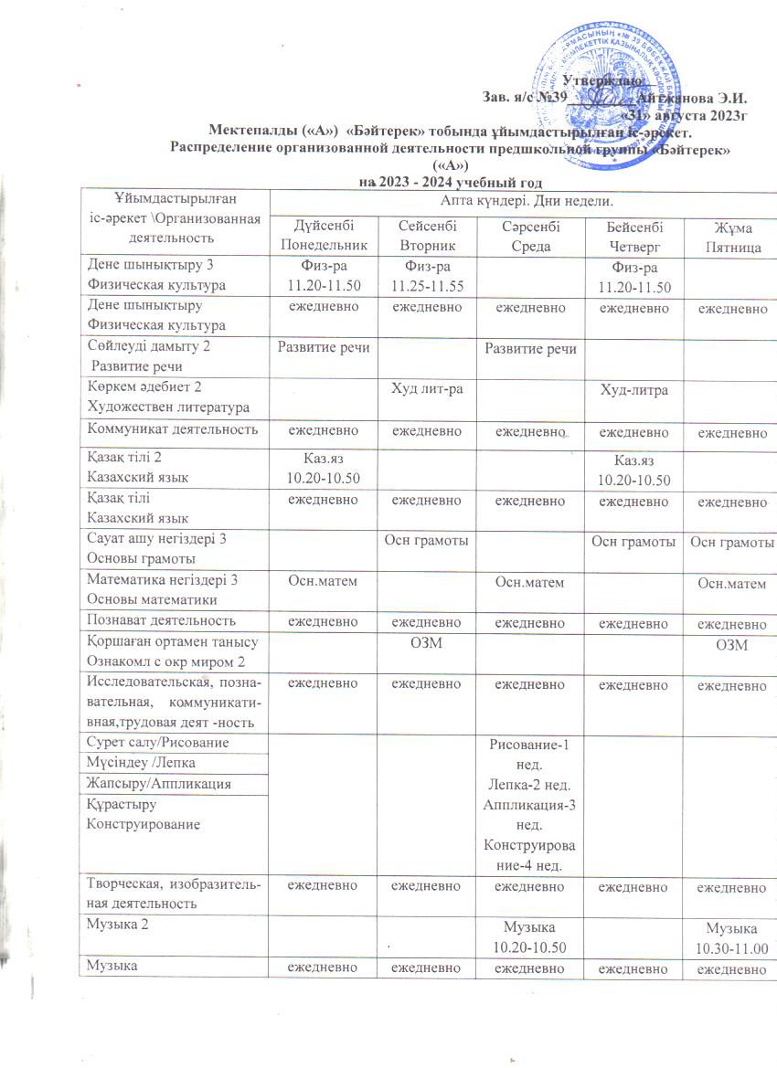 Мектепалды («А»)  «Бәйтерек» тобында ұйымдастырылған іс-әрекет. Распределение организованной деятельности предшкольной группы «Бәйтерек» («А»)   на 2023 - 2024