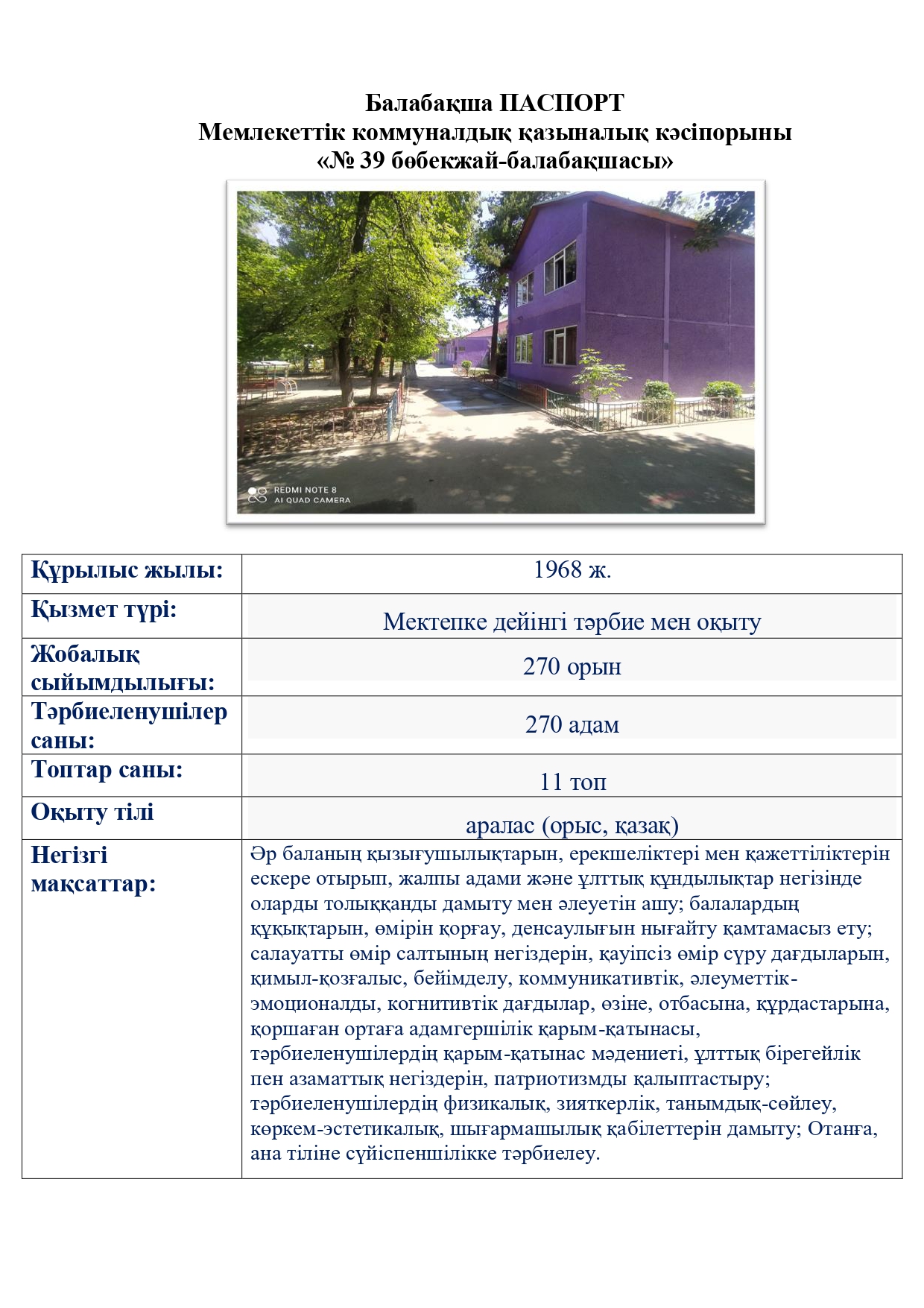 Балабақша ПАСПОРТ/ Паспорт детского сада